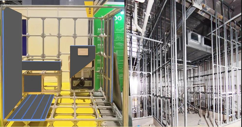 A side-by-side comparison of a framed structure and an actual construction site, showcasing building materials and fixtures.