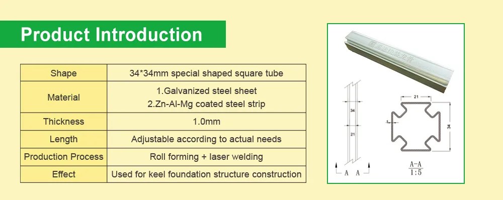 Product introduction image detailing a special shaped square tube with dimensions 34x34mm, made from galvanized steel and Zn-Al-Mg coated steel strip, featuring a thickness of 1.0mm, adjustable length, produced through roll forming and laser welding, used for keel foundation structure construction.